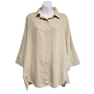 ZARA Linen Blend Short Sleeve Button Up Shirt Beige Cream Womens Small L Utility